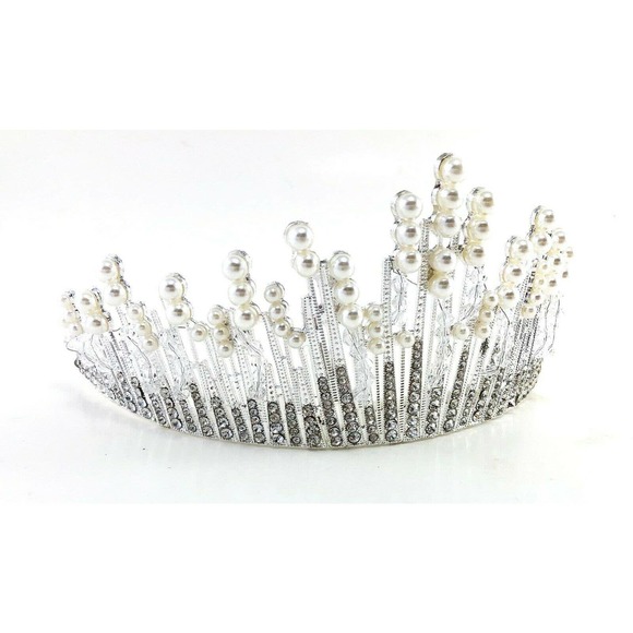 Pearl Bead Clear Silver Tone Metal Tiara Crown Bridal Elegant Rhinestone - Picture 5 of 6